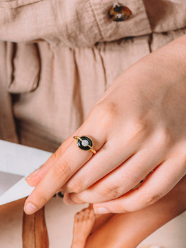 Planet Mercury Black Onyx Ring In 18K Yellow Gold Vermeil