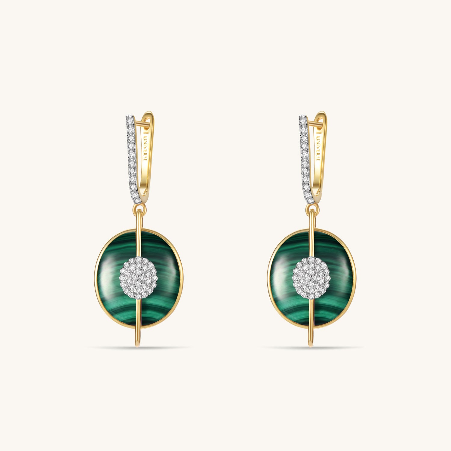 Planet Uranus Green Malachite Drop Earrings In 18K Yellow Gold Vermeil