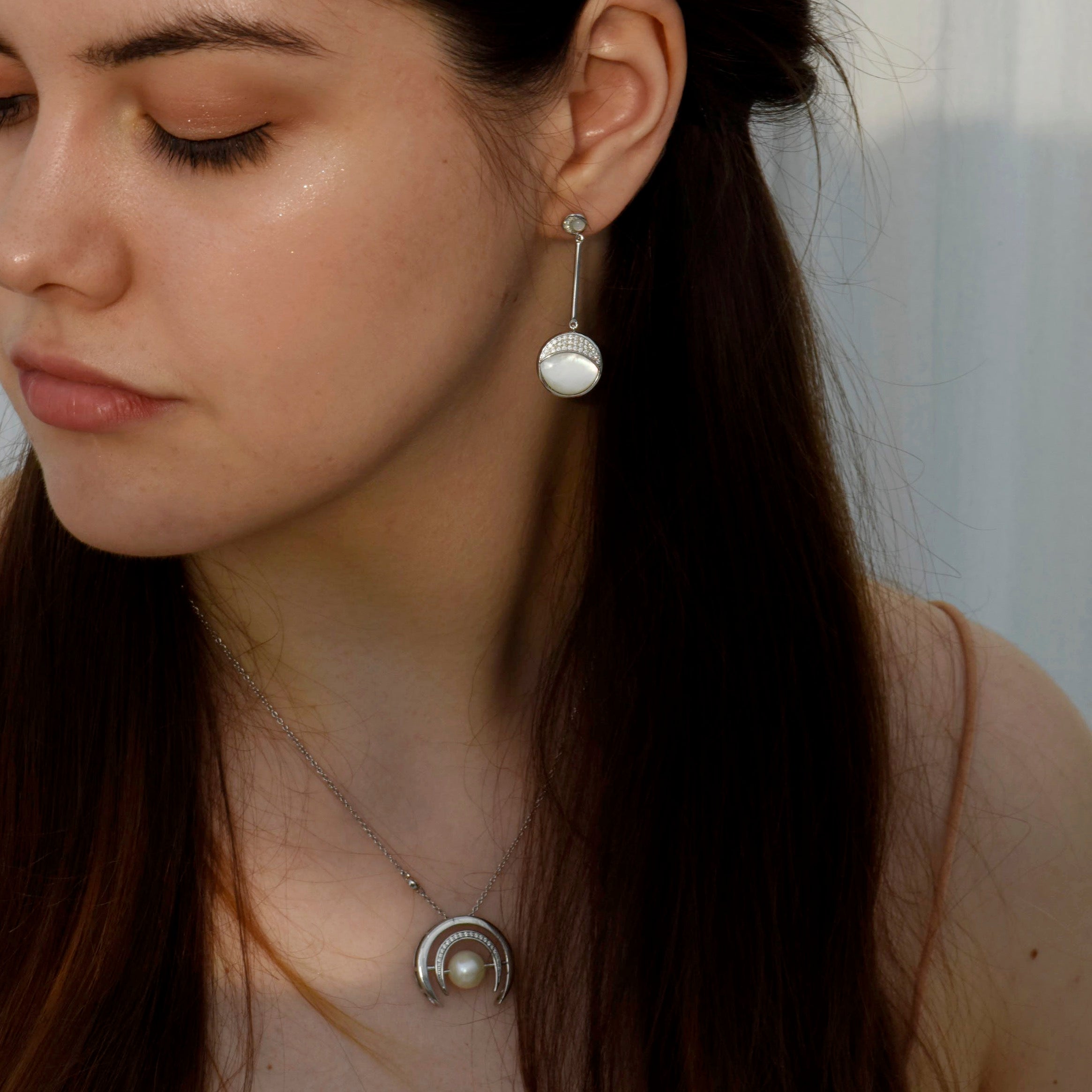 Starry Night Luna Mother of Pearls Drop Earrings In Sterling Silver