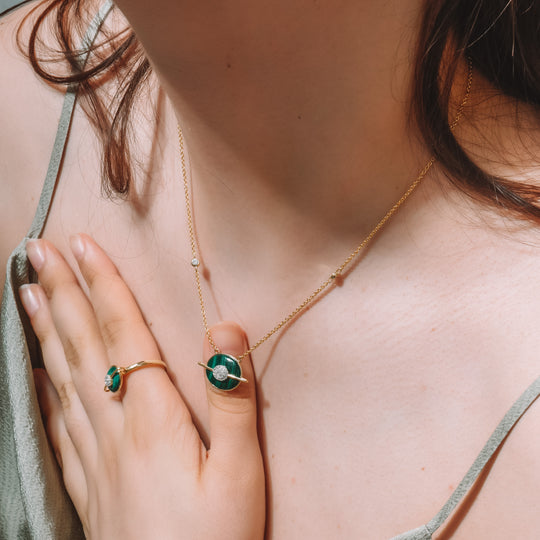 Planet Uranus Malachite Necklace In 18K Yellow Gold Vermeil